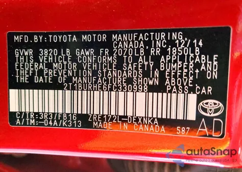 2015 Toyota Corolla L from USA, damaged, VIN 2T1BURHE6FC330998